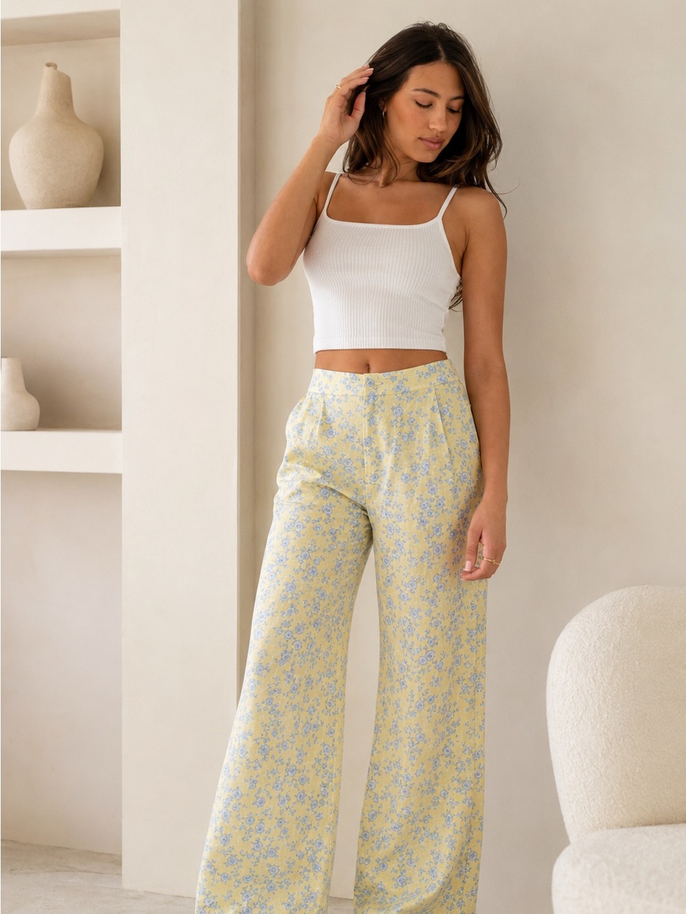 Yllw The Label Lou Linen Wide Leg Pants Butter Toile Floral Sz Small